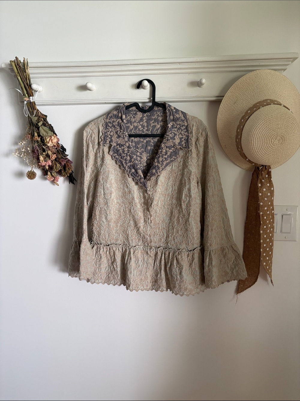 Lace-Trim Peplum Blouse/Jacket in Taupe with Contrasting Collar